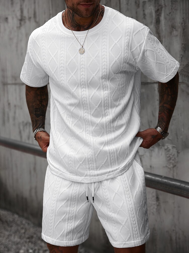 Manfinity CasualCool Men's White Summer Casual Streetwear City Break Outfit,Geometric Knit Jacquard 2 Pieces Set,Loose-Fit Dropped-Shoulder Short Sleeve T-Shirt & Shorts - White - View 5