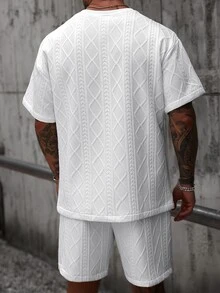 Manfinity CasualCool 男士休闲度假装，INS 风格几何针织提花，白色落肩宽松短袖 T 恤和短裤套装。音乐节的完美之选，夏威夷海滩度假 T 恤和短裤两件套，男士两件套，男士两件套短裤套装，男士纯色纹理短袖 T 恤和短裤两件套，男士两件套，男士两件套短裤套装，男士两件套，男士 T 恤套装 - 白色 - 查看 6