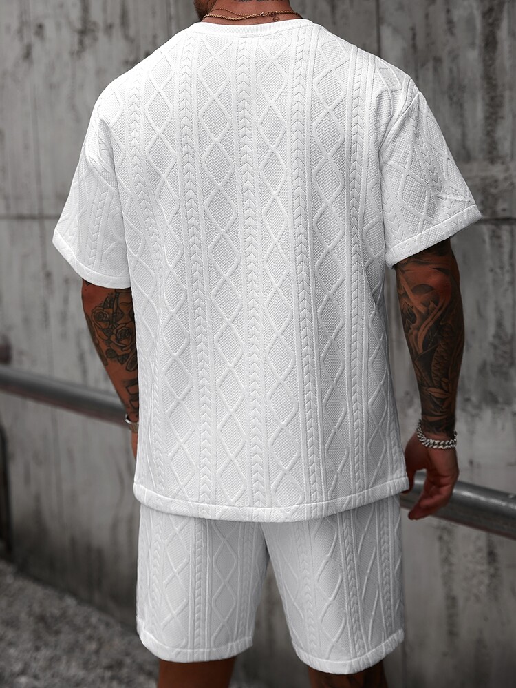 Manfinity CasualCool Men's White Summer Casual Streetwear City Break Outfit,Geometric Knit Jacquard 2 Pieces Set,Loose-Fit Dropped-Shoulder Short Sleeve T-Shirt & Shorts - White - View 6