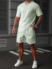 Manfinity CasualCool 男士几何印花短袖T恤和短裤休闲套装 - 薄荷綠 - 查看 5