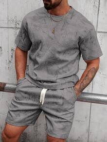 Manfinity Homme Men's Geometric Print Round Neck Short Sleeve T-Shirt And Shorts Set - Grey - View 3