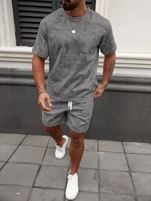 Manfinity Homme Men's Geometric Print Round Neck Short Sleeve T-Shirt And Shorts Set - Grey - View 5