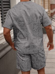 Manfinity Homme Men's Geometric Print Round Neck Short Sleeve T-Shirt And Shorts Set - Grey - View 6