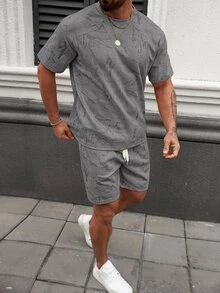 Manfinity Homme Men's Geometric Print Round Neck Short Sleeve T-Shirt And Shorts Set - Grey - View 4