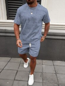 Manfinity CasualCool Conjunto de camiseta de manga corta con cuello redondo y shorts con estampado integral, ropa casual de calle para hombre, otoño, forro polar, vacaciones, azul agua - Azul - Ver 6