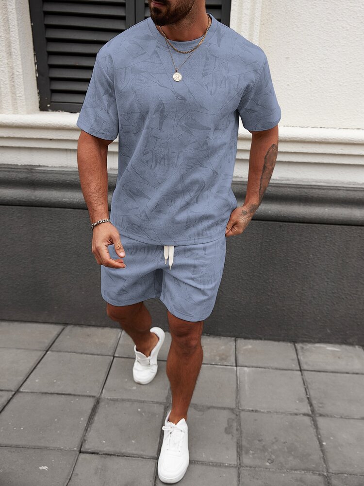 Manfinity CasualCool Men's Casual Streetwear All-Over Print Round Neck Short Sleeve T-Shirt And Shorts Set, Autumn, Clothes Fleece Vacation Aqua Blue - Blue - View 6