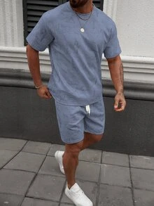 Manfinity CasualCool Conjunto de camiseta de manga corta con cuello redondo y shorts con estampado integral, ropa casual de calle para hombre, otoño, forro polar, vacaciones, azul agua - Azul - Ver 7