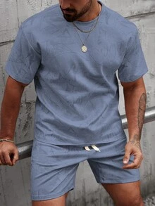 Manfinity CasualCool Conjunto de camiseta de manga corta con cuello redondo y shorts con estampado integral, ropa casual de calle para hombre, otoño, forro polar, vacaciones, azul agua - Azul - Ver 4