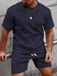 Manfinity Homme Men's Casual Short Sleeve T-Shirt And Shorts Set, Summer - Navy Blue - View 2