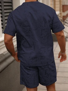 Manfinity Homme Men's Casual Short Sleeve T-Shirt And Shorts Set, Summer - Navy Blue - View 5