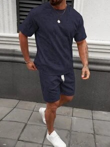 Manfinity Homme Men's Casual Short Sleeve T-Shirt And Shorts Set, Summer - Navy Blue - View 7