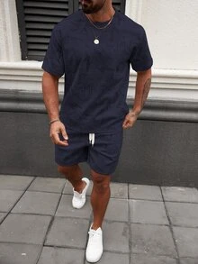 Manfinity Homme Men's Casual Short Sleeve T-Shirt And Shorts Set, Summer - Navy Blue - View 6