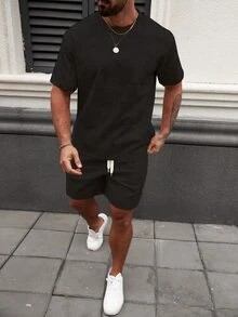 Manfinity CasualCool 男士圆领短袖休闲百搭T恤和抽绳腰短裤套装 - 黑色 - 查看 4