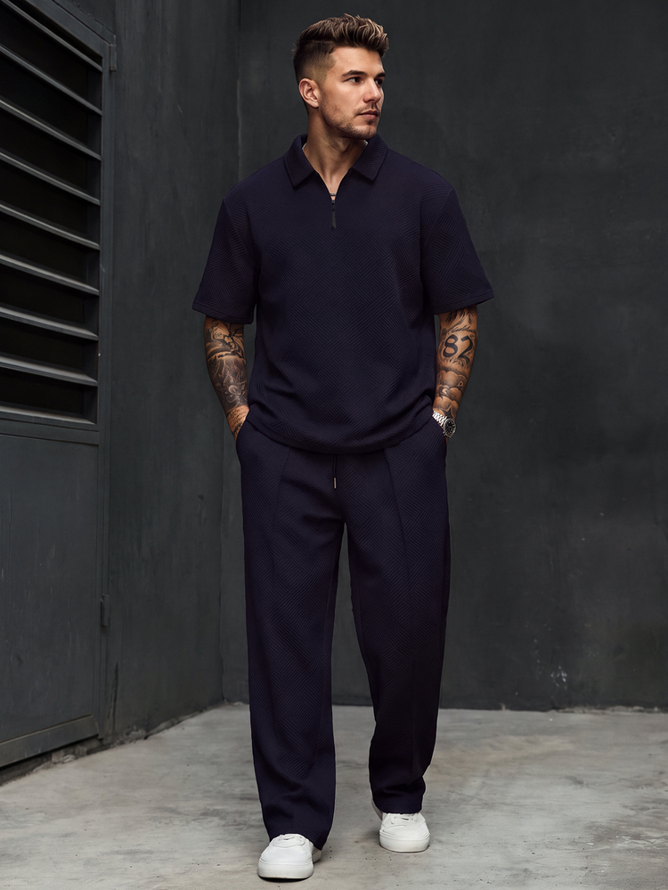 Manfinity CasualCool Men's Plus Size Solid Color Short Sleeve Polo Shirt And Pants Set - Purple - View 1