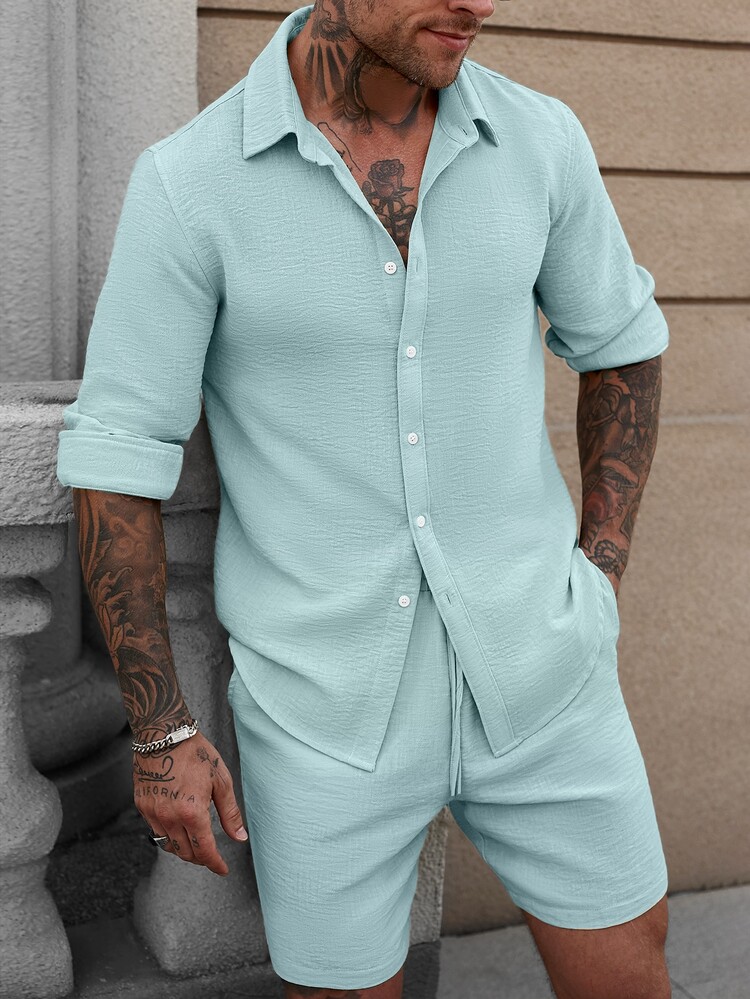 Manfinity CasualCool Men's Solid Color Single-Breasted Shirt And Shorts Casual Daily 2 Pieces Set - Green - View 4