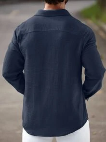 Manfinity CasualCool 男士休闲纯色前扣长袖衬衫，秋季男士夏季海军蓝度假衬衫，秋季 - 寶藍色 - 查看 6
