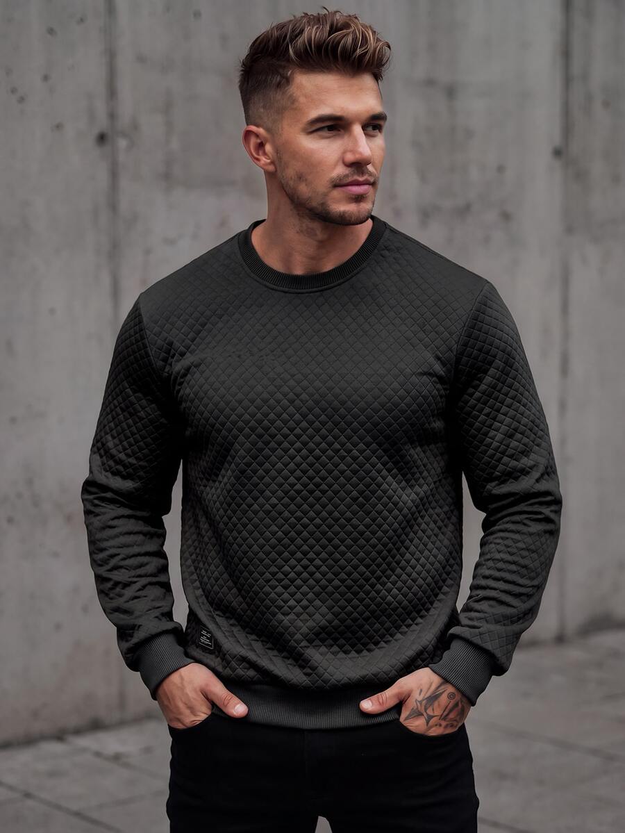 Manfinity Homme 1 件男士纯色圆领长袖休闲套头运动衫,秋季 - 黑色 - 查看 1