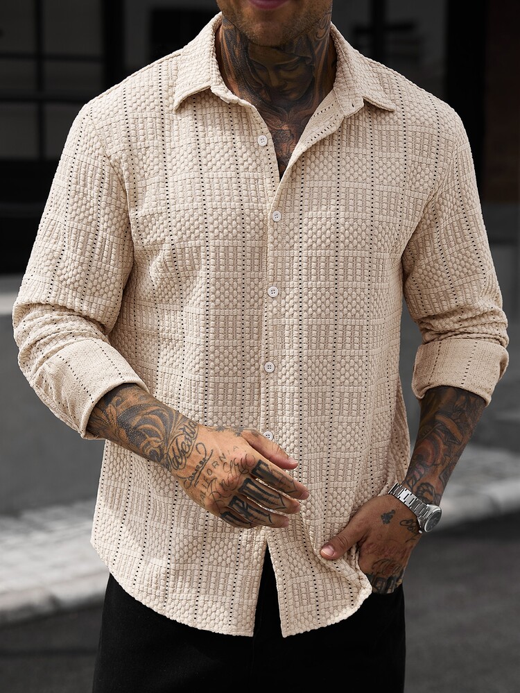 Manfinity CasualCool Men's Casual Vacation Jacquard Hollow-Out Single-Breasted Long Sleeve Shirt - Khaki - View 6