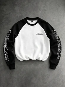 Manfinity CasualCool 男士圓領套頭運動衫，黑白對比色，插肩袖，手寫英文印花，寬鬆版型，時尚男士套頭運動衫，百搭休閒運動衫，柔軟舒適的運動衫面料，適合秋冬/早秋，適用於外出、街拍、居家、旅行、度假、日常穿著等 - 黑與白 - 查看 7
