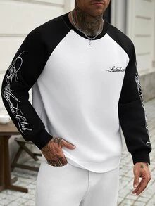 Manfinity CasualCool 男士圓領套頭運動衫，黑白對比色，插肩袖，手寫英文印花，寬鬆版型，時尚男士套頭運動衫，百搭休閒運動衫，柔軟舒適的運動衫面料，適合秋冬/早秋，適用於外出、街拍、居家、旅行、度假、日常穿著等 - 黑與白 - 查看 6
