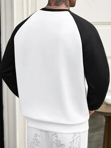 Manfinity CasualCool 男士圓領套頭運動衫，黑白對比色，插肩袖，手寫英文印花，寬鬆版型，時尚男士套頭運動衫，百搭休閒運動衫，柔軟舒適的運動衫面料，適合秋冬/早秋，適用於外出、街拍、居家、旅行、度假、日常穿著等 - 黑與白 - 查看 8