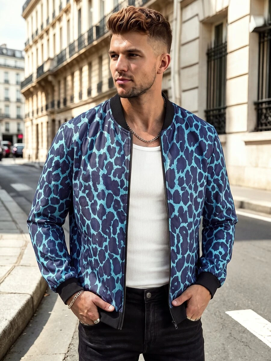 Manfinity CasualCool Men's Leopard Print Baseball Collar Zip-Up Casual Daily Long Sleeve Jacket - Multicolor - View 1