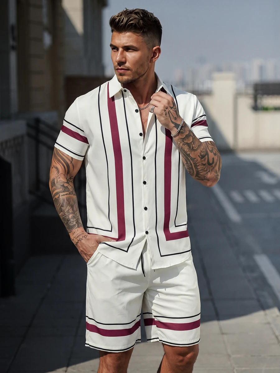 Manfinity CasualCool Men's Colorblock Striped Shirt & Shorts Casual Set - Purple - View 1