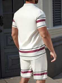 Manfinity CasualCool Men's Colorblock Striped Shirt & Shorts Casual Set - Purple - View 7