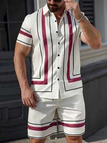 Manfinity CasualCool Men's Colorblock Striped Shirt & Shorts Casual Set - Purple - View 5