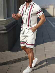 Manfinity CasualCool Men's Colorblock Striped Shirt & Shorts Casual Set - Purple - View 4