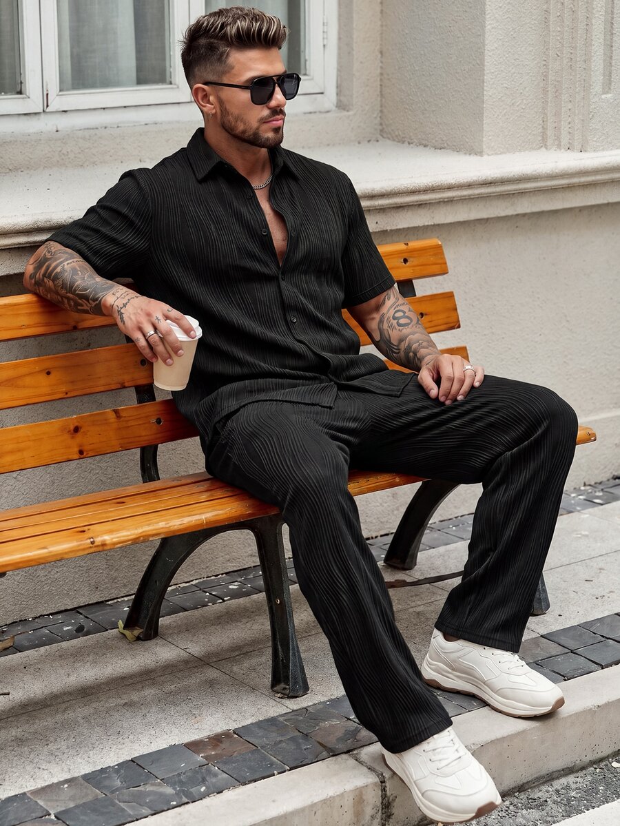 Manfinity Homme Men Solid Button Up Shirt & Pants Men Lounge Set Men Jumpsuit, Formal - Black - View 1