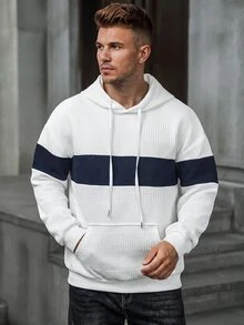Manfinity CasualCool Men's Mature Casual Textured Colorblock Patchwork Hoodie - White - View 1