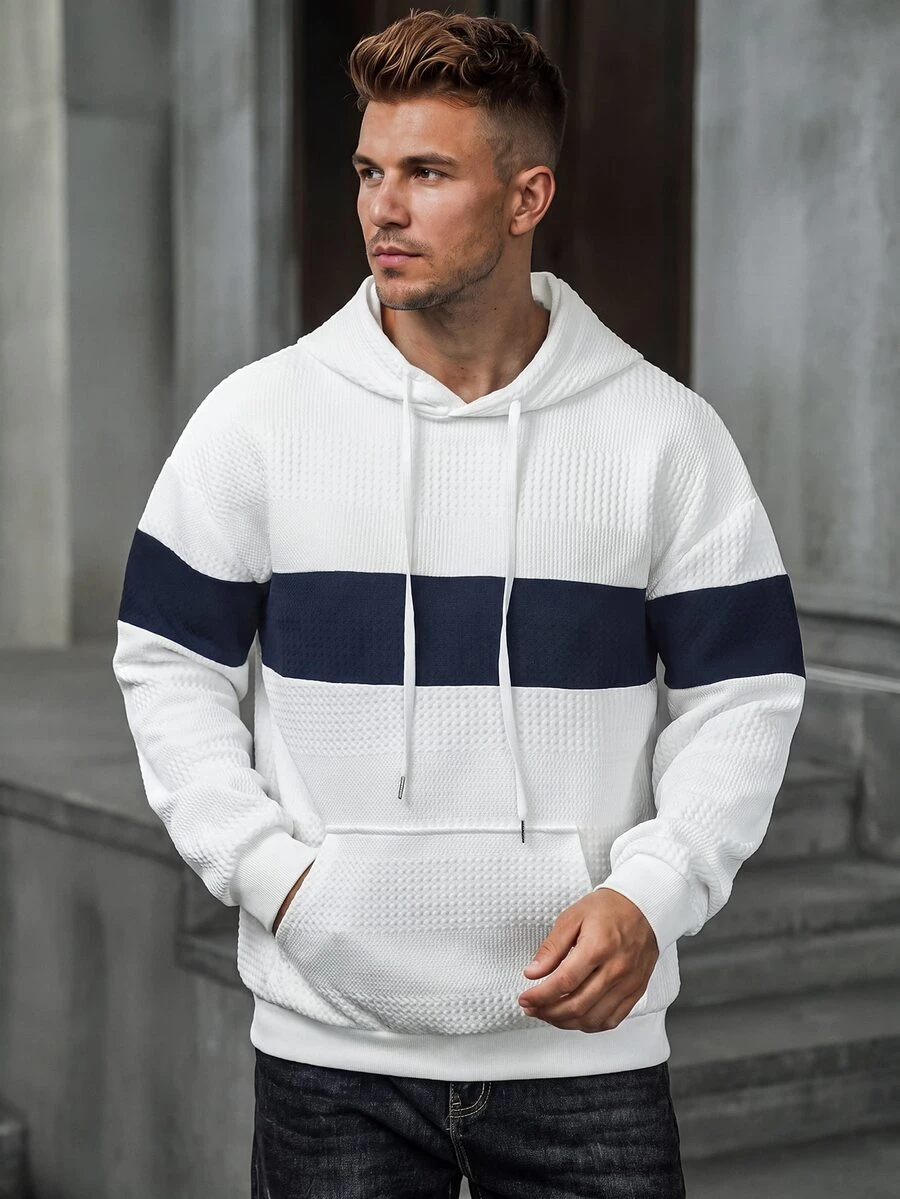 Manfinity CasualCool Men's Mature Casual Textured Colorblock Patchwork Hoodie - White - View 1