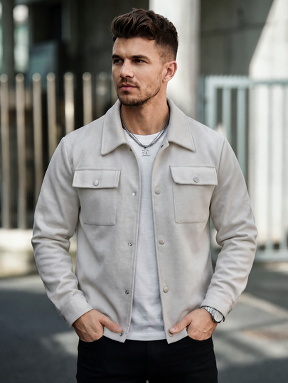 Manfinity CasualCool Men's Beige Turn-Down Collar Workwear Jacket, Autumn/Winter, Dual Pocket Snap Button Design, Casual Short Jacket