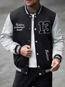 Manfinity CasualCool 男士秋季休閒拼色字母刺繡夾克 - 黑色 - 查看 3