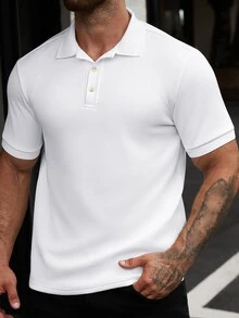 Manfinity CasualCool Men's Solid Color Knitted Diagonal Jacquard Business Casual Loose Fit Short Sleeve Polo Shirt - White - View 4