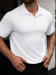Manfinity CasualCool Men's Solid Color Knitted Diagonal Jacquard Business Casual Loose Fit Short Sleeve Polo Shirt - White - View 3