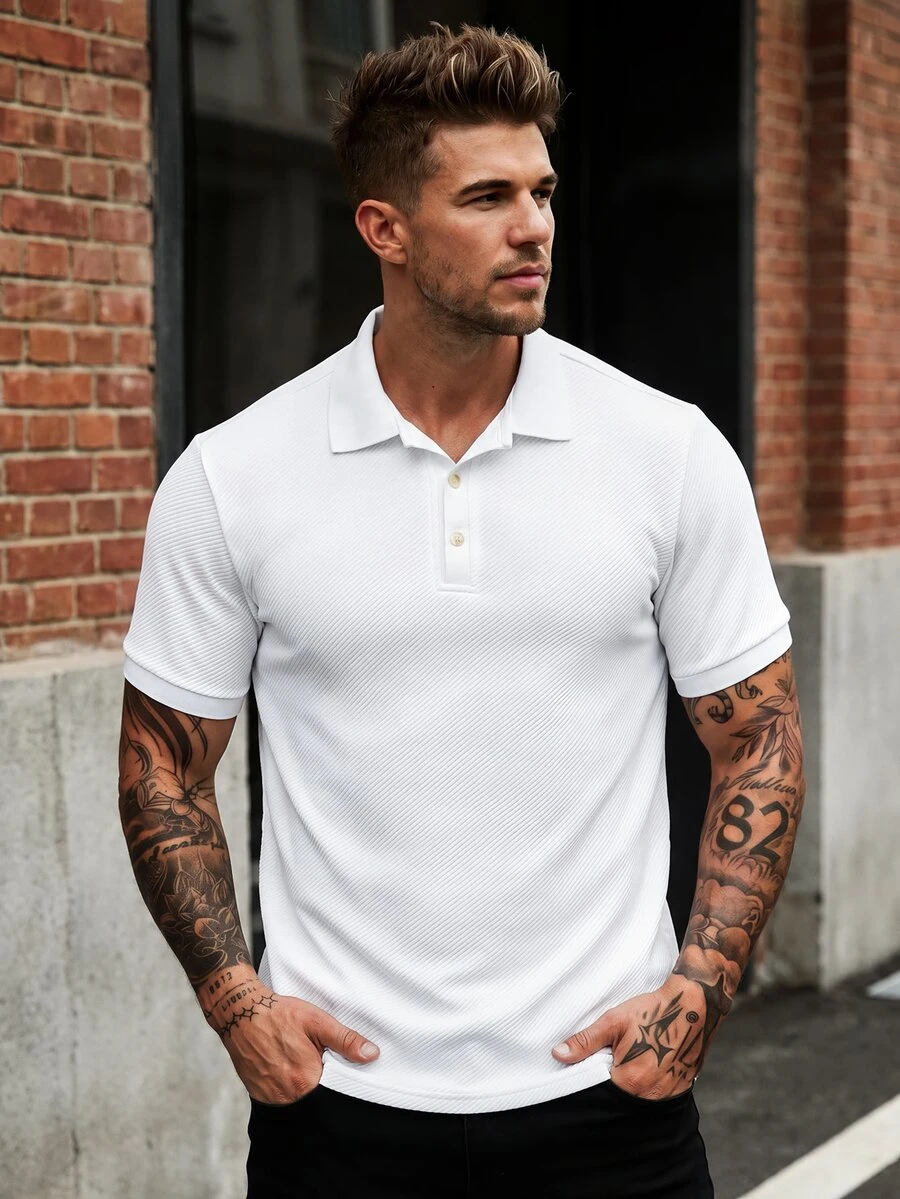 Manfinity CasualCool Men's Solid Color Knitted Diagonal Jacquard Business Casual Loose Fit Short Sleeve Polo Shirt - White - View 1