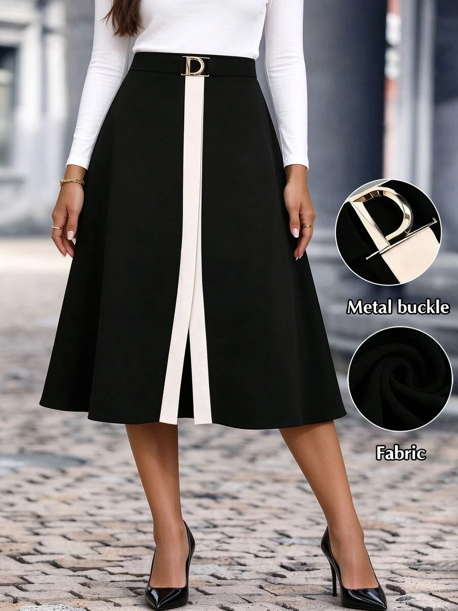 GlowEve CURVE Plus Size Women's Metal Decor Contrast Color Casual Versatile Daily Wear Skirt Fall - Multicolor - View 1