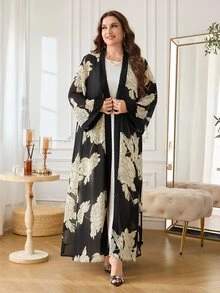 Al Najma 女款長袖雪紡印花優雅舒適浪漫夏季大尺碼阿拉伯長袍 - 黑與白 - 查看 4