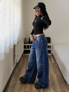 StreetHx Women's Wide Leg Loose Casual Y2k 90s Versatile Denim Jeans With Pockets Going Out Blue Fall - Black - View 5