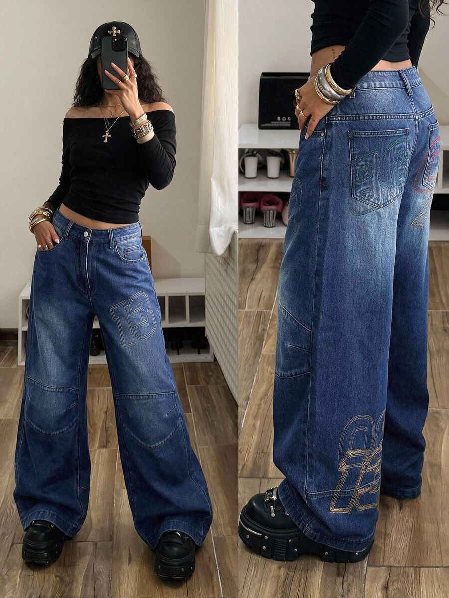 StreetHx Women's Wide Leg Loose Casual Y2k 90s Versatile Denim Jeans With Pockets Going Out Blue Fall - Black - View 1