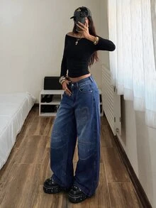 StreetHx Women's Wide Leg Loose Casual Y2k 90s Versatile Denim Jeans With Pockets Going Out Blue Fall - Black - View 4