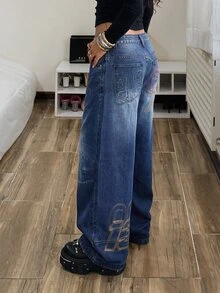 StreetHx Women's Wide Leg Loose Casual Y2k 90s Versatile Denim Jeans With Pockets Going Out Blue Fall - Black - View 6