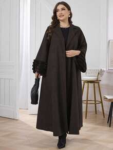 Al Najma Plus Size Plush Patchwork Loose Women Abaya Robe, Elegant Open Abaya, For Casual Daily - Coffee Brown - View 1