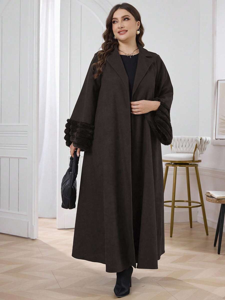 Al Najma Plus Size Plush Patchwork Loose Women Abaya Robe, Elegant Open Abaya, For Casual Daily - Coffee Brown - View 1