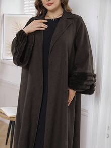 Al Najma Plus Size Plush Patchwork Loose Women Abaya Robe, Elegant Open Abaya, For Casual Daily - Coffee Brown - View 7
