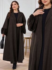 Al Najma Plus Size Plush Patchwork Loose Women Abaya Robe, Elegant Open Abaya, For Casual Daily - Coffee Brown - View 4