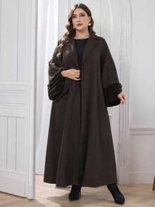 Al Najma Plus Size Plush Patchwork Loose Women Abaya Robe, Elegant Open Abaya, For Casual Daily - Coffee Brown - View 5