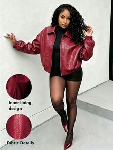 BamGleam Autumn And Winter Burgundy Faux Leather Texture Zip-Up Jacket,Western,Halloween, Club Clothes - Burgundy - View 2